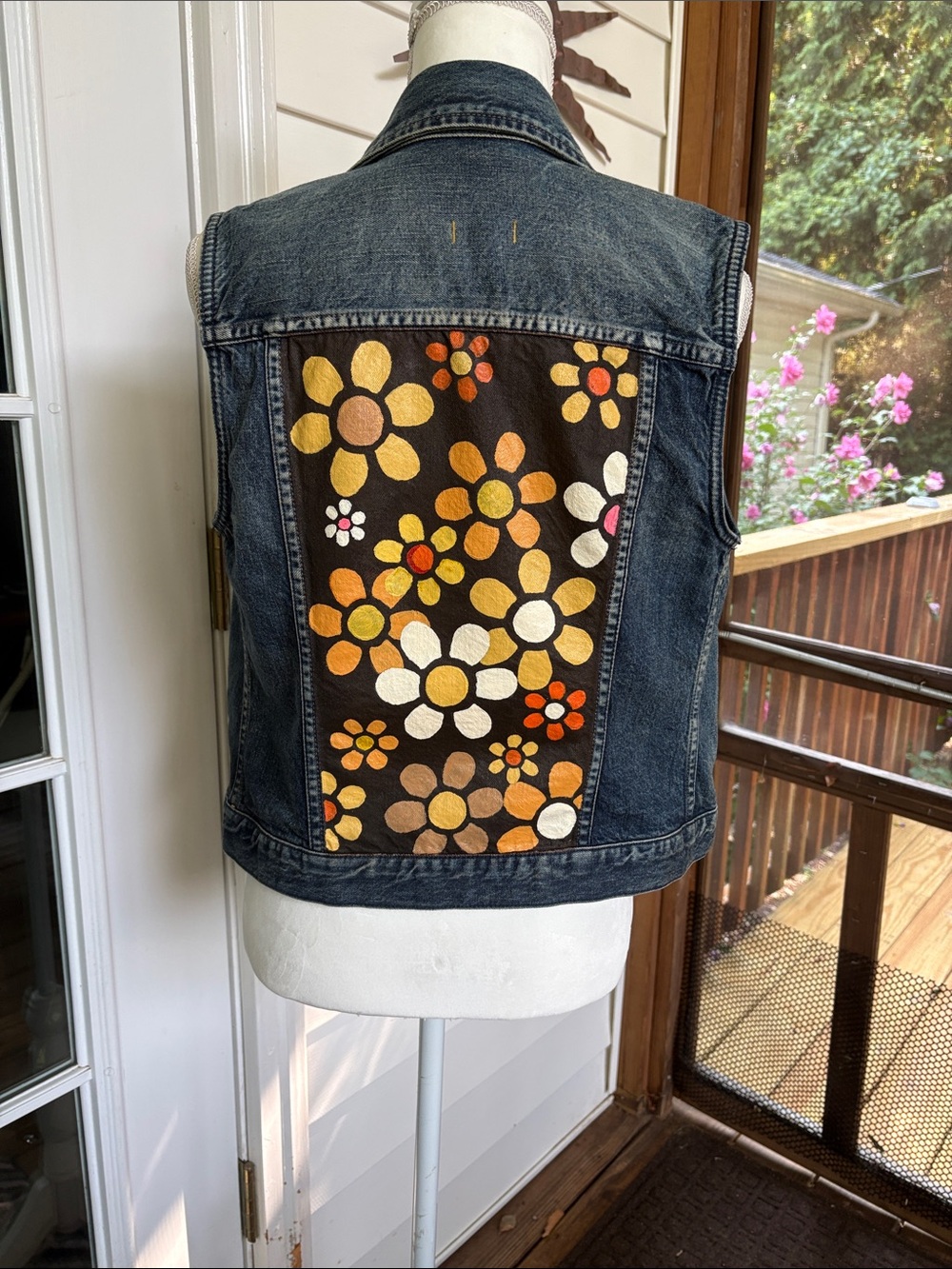 Hand-Painted Floral Denim Vest in Navy with Warm Flower Panel